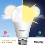 Minpory Dusk to Dawn Light Bulbs Outdoor Auto ON Off Smart Light Sensor LED Bulb Built-in Photocell Detector A19 E26 3000K Warm White 13W100W Equivalent for Porch Front Door Garage Patio 3 Pack