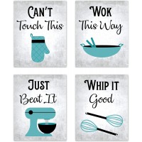 80s Music Songs Retro Vintage Inspirational Kitchen Wall Art Dining Room Cafe and Restaurant Decor Turquoise Teal Blue Black Gray and White Baking Prints Posters Signs Sets Retro Home Decorations Funny Sayings Quotes Unframed Set of 4 8”x10”