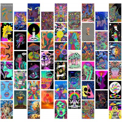 8TEHEVIN 50PCS Hippie Trippy Drippy Aesthetic Pictures Wall Collage Kit Trendy Small Posters for Dorm Trippy Wall Art Print for Girls Boys Aesthetic Photo Collection Bedroom Decor for Teen Girl