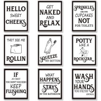 9 Pieces Bathroom Wall Art Wall Decor Funny Vintage Bathroom Sign Bathroom Quotes Sayings Art Prints Bathroom Posters for Wall Restroom Bathroom Decor Pictures Unframed Black Font