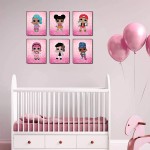 Modern Cartoons Pink LOL Doll Theme Art Paintings Set of 6 8”X10”Canvas Picture Kids Boys or Girl Birthday Gift Girl Bedroom Poster Nursery Baby Room Bathroom Home Decor Unframed