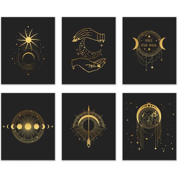 Occult Gold and Black Prints Set of 6 8x10 Glossy Wall Art Decor Alchemy Witch -Third Eye Planets