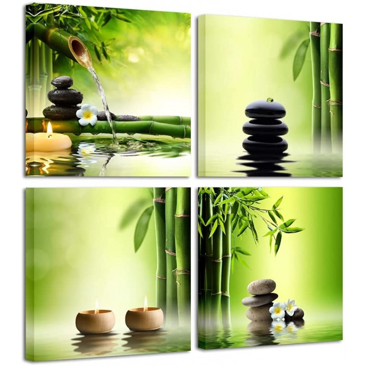 Pyradecor Modern 4 Panel Stretched Contemporary Zen Canvas Prints Perfect Bamboo Green Pictures on Canvas Wall Art for Home Office Decorations Living Room Bedroom