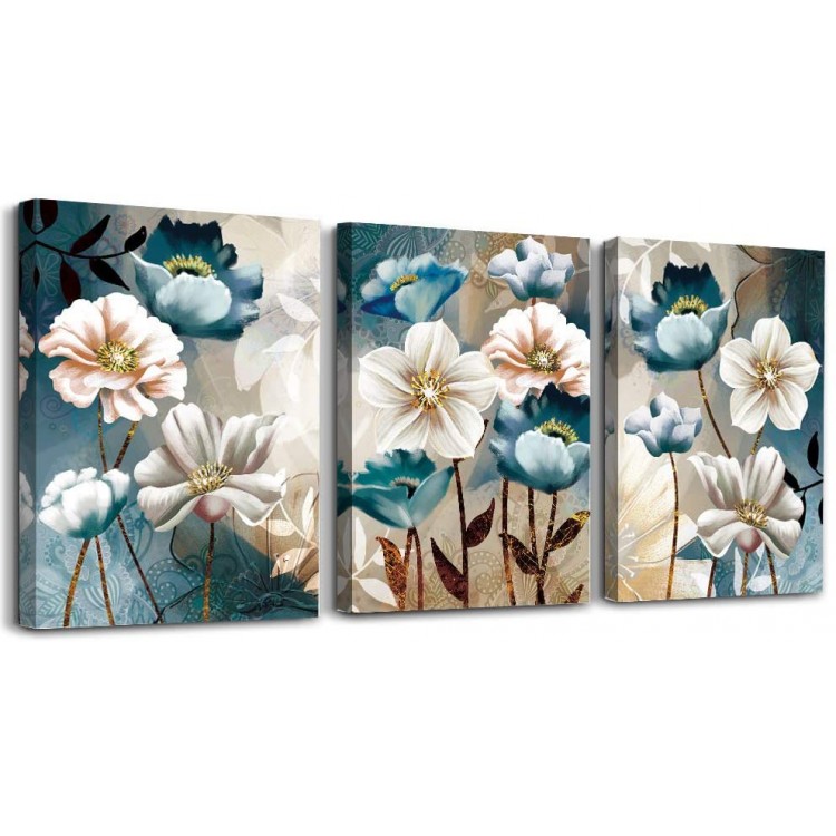 SERIMINO 3 Piece Lotus Flower Canvas Wall Art for Living Room White and Indigo Blue Floral Picture Wall Decor for Dining Room Bedroom Bathroom Kitchen Print Painting for Home Decorations