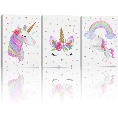 Something Unicorn Stretched Framed Ready to Hang Canvas Wall Art. Super Cute Water Color Unicorn Prints for Nursery or Girl's Bedroom Decor. Set of 3. 12x16in Gold Glitter Unicorn Original