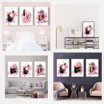 Women Fashion Canvas Wall Art ,Pink Bedroom Wall Decor Perfume Modern Art Posters，Fashion High Heels Makeup Brush  Girls Room Decor Black and Pink Fashion Poster