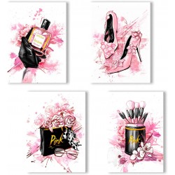 Women Fashion Canvas Wall Art ,Pink Bedroom Wall Decor Perfume Modern Art Posters，Fashion High Heels Makeup Brush  Girls Room Decor Black and Pink Fashion Poster