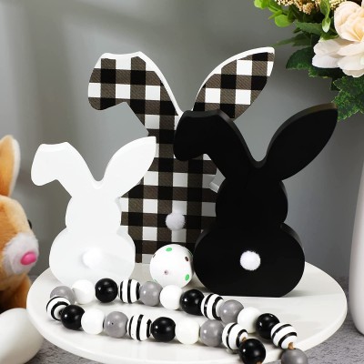3 pcs Easter Bunny Table Wooden Signs Decor Spring Farmhouse Wood Bunnies Buffalo Plaid Bunny Cute Easter Craft Freestanding Centerpiece Signs for Kids Happy Easter Party Supplies Dining Room Table