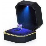 AVESON Luxury Ring Box Square Velvet Wedding Ring Case Jewelry Gift Box with LED Light for Proposal Engagement Wedding Black