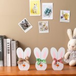 Easter Decorations for the Home hogardeck 3 Pcs Easter Bunny Table Decor Wood Sign Rabbit Block Set with Plaid Dot Burlap Bow Wooden Signs Table Centerpiece Farmhouse Decor for Party Fireplace Tiered Tray Tabletop