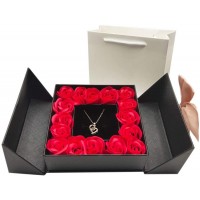 Eternal Real Rose Gift Box with Heart Design Necklace 100 Languages Love You Forever Flower for Her Romantic Birthday Gift Anniversary Mother's Day Valentine's Day Christmas Black Box Heart