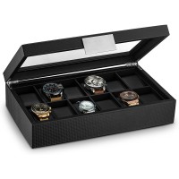 Glenor Co Watch Box for Men 12 Slot Luxurious & Masculine Carbon Fiber Textured Watch Case Sturdy Hinges Large Watch Holder Glass Top Watch Organizer for Men Metal Accents Black