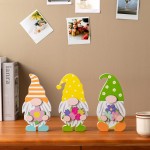 hogardeck Spring Decorations for Home 3 Pcs Spring Table Decor Wood Sign Gnome Shaped Block Set with Dot Stripe Tulip Farmhouse Ornaments for Party Mantle Tiered Tray Home Decor