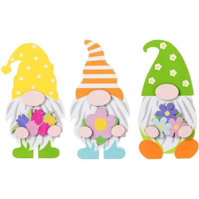 hogardeck Spring Decorations for Home 3 Pcs Spring Table Decor Wood Sign Gnome Shaped Block Set with Dot Stripe Tulip Farmhouse Ornaments for Party Mantle Tiered Tray Home Decor