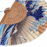 Japanese Handmade Landscape Bamboo Silk Folding Fan Vintage Retro Style for Women Ladys Girls Kanagawa Sea Waves Handheld OneSize