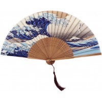 Japanese Handmade Landscape Bamboo Silk Folding Fan Vintage Retro Style for Women Ladys Girls Kanagawa Sea Waves Handheld OneSize