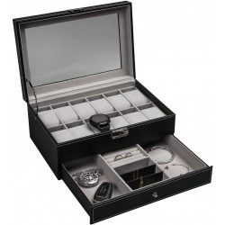 Ogrmar 12 Slot PU Leather Lockable Watch Storage Boxes Men & Women Jewelry Display Drawer Case 2-Tier Organizer Watch Showcase with Glass Lid