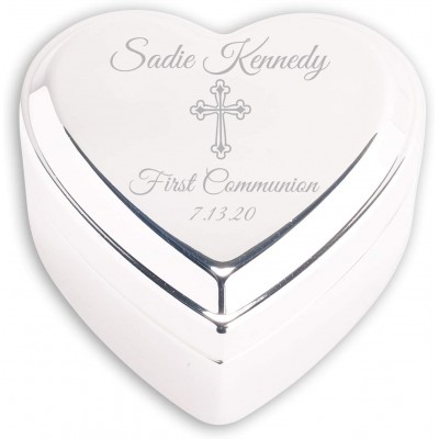 Personalized Silver-Plated Heart Jewelry Keepsake Box with Custom Engraved Cross and Message for First Communion Gift for Girls