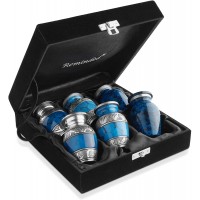 Reminded Small Cremation Urns for Human Ashes Mini Keepsake Set of 6 Blue and Silver with Velvet Case