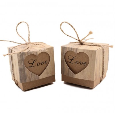 VGOODALL Candy Boxes,100pcs Wedding Favor Boxes,Love Kraft Bonbonniere Paper Boxes with Burlap Jute Twine for Bridal Shower Wedding Birthday Party Wedding