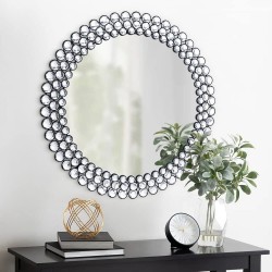 Autdot Round Wall Mirror with Crystals 27.6'' Large Decorative Mirror for Living Room Entryway Modern Accent Mirror with Black Metal Frame