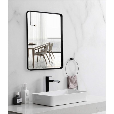 Black Wall Framed Rectangular Mirrors for Bathrooms 22"x30" Large Rectangle Mirror with Brushed Glass Panel Modern Home Entryway Decor Mirror with Corner Deep Design Hangs Horizontal or Vertical