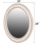 Decointo 24" Round Decorative Wall Hanging Mirror Rustic Distressed Natural Wooden Farmhouse Frame with White Wash Beads for Bedroom Bathroom Living Room or Entryway Wall Decor Circle Mirror