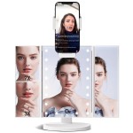 FASCINATE Trifold Vanity Mirror with Lights and 2X 3X Magnification Lighted Makeup Mirror with Phone Holder for Live Stream and Video 21 LED Dimable Dual Power 90° Rotation Beauty Mirror