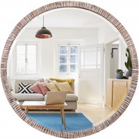 GIFTTROVE 35" Round Wood Mirror Rustic Circle Wall Mirror with Beveled Wooden Round Mirror for Wall Decor Decorative Wall-Mounted Mirror for Entryway Living Room White Washed Frame