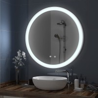 GOAND Round Bathroom Mirror with Lights 24 Inch White Metal Frame Wall Mounted LED Mirror Anti-Fog Circle Smart Mirror Bathroom