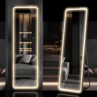 LVSOMT 63"x20" Full-Length Mirror with LED Lights Free Standing Floor Mirror Wall Mounted Hanging Mirror Lighted Vanity Body Mirror Full-Size Tall Mirror Big Stand Up Mirror for Bedroom Black