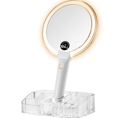 OMIRO Hand Mirror with Lights on a Base Cosmetic Organizer Double Sided 1X 10X Magnifying Makeup Mirror Set