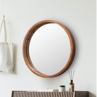 Round Wood Mirror 24 Inch Farmhouse Wall Mirror Wooden Framed Brown Circle Mirror for Bathroom