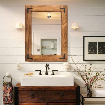 YOSHOOT Rustic Wooden Framed Wall Mirror Natural Wood Bathroom Vanity Mirror for Farmhouse Decor Vertical or Horizontal Hanging 40" x 26" Brown