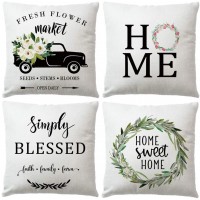 7COLORROOM 4Pack Farmhouse Floral Decorative Pillow Covers with Vintage Truck Home Sweet Home Cushion Cover Fresh Flowers Market Pillowcases Housewarming Gifts 18x18 Inches Black Car