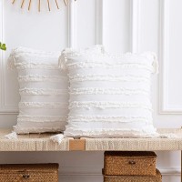 DEZENE 18x18 Throw Pillow Cases: 2 Pack Boho Striped Cotton Linen Square Decorative Pillow Covers with Tassels for Farmhouse Couch Sofa Chair Ivory White
