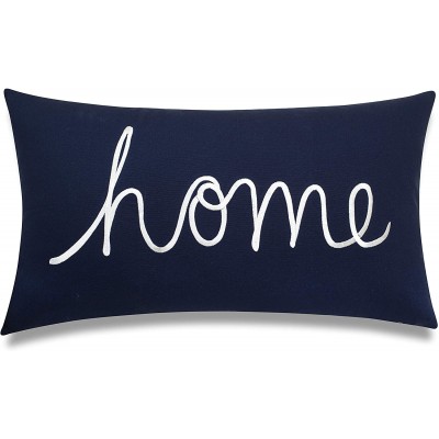 EURASIA DECOR Home Sentiment Embroidered Decorative Lumbar Accent Throw Pillow Cover for Bedroom Couch Housewarming Porch Sofa 14"x24" Navy