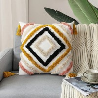 JASEN Boho Throw Pillow Covers 18x18 Woven Tufted Decorative Pillow Covers with Tassel Diamond Pattern Pillow Covers for Couch Sofa Bedroom Living Room No Pillow Insert Yellow