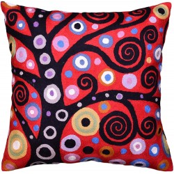 Kashmir Designs Klimt Tree of Life Pillow Cover | Red Floral Pillowcase | Flower Accent Pillows |Suzani Cushions | Flower Pillows | Modern Floral Cushion Cover | Hand Embroidered Wool Size 18x18