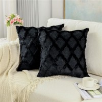 OMIO Pack of 2 Soft Plush Short Faux Wool Velvet Decorative Throw Pillow Covers Luxury Square Pillowcases Boho Cushion Covers for Couch Sofa Bedroom 16"x16" Black