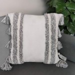 TINYSUN White Grey Boho Decorative Throw Pillow Covers Set of 2,Super Soft Woven Tufted Velvet Pillowcase with Tassel Classic Wave Line Pattern Fall Floor Pillow for Sofa Couch 18x18 Inch,Grey Line