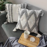 TINYSUN White Grey Boho Decorative Throw Pillow Covers Set of 2,Super Soft Woven Tufted Velvet Pillowcase with Tassel Classic Wave Line Pattern Fall Floor Pillow for Sofa Couch 18x18 Inch,Grey Line