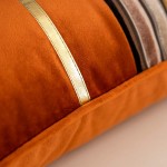 Yangest Burnt Orange Striped Patchwork Velvet Lumbar Throw Pillow Cover Gold Leather Cushion Case Modern Zippered Oblong Pillowcase for Sofa Couch Bedroom Living Room Home Decoration 12x20 Inch