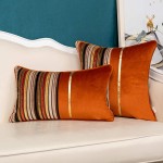Yangest Burnt Orange Striped Patchwork Velvet Lumbar Throw Pillow Cover Gold Leather Cushion Case Modern Zippered Oblong Pillowcase for Sofa Couch Bedroom Living Room Home Decoration 12x20 Inch