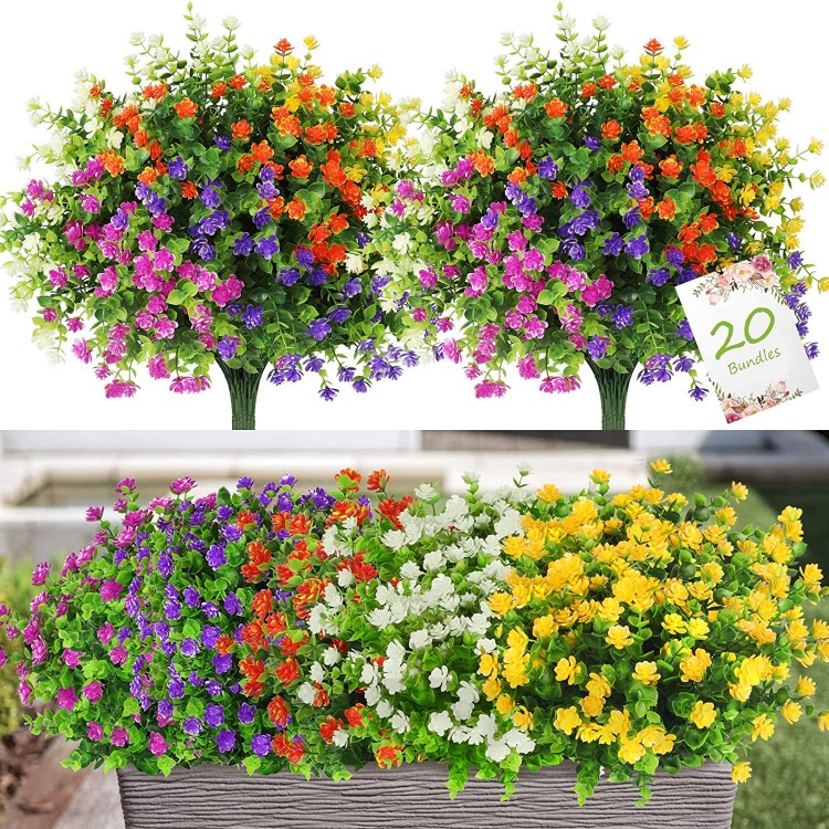 20 Bundles Artificial Flowers Outdoor Fake Flowers for Home Decoration UV Resistant Faux Plastic Greenery Shrubs Plants for Hanging Garden Porch Window Box Décor in Bulk Wholesale 5 Colors