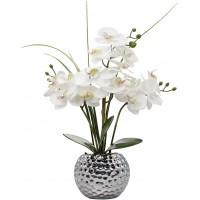 Artificial White Phalaenopsis Orchid Flower Arrangements 16.9" Faux Orchid Flower in Silver Pot for Table Centerpiece Table Home