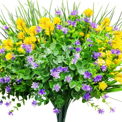 CEWOR 9pcs Artificial Flowers Outdoor UV Resistant Outdoors Fake Plants Faux Plastic Flower in Bulk for Hanging Planters Outside Porch Vase Home Window Decoration（Yellow Purple Green）