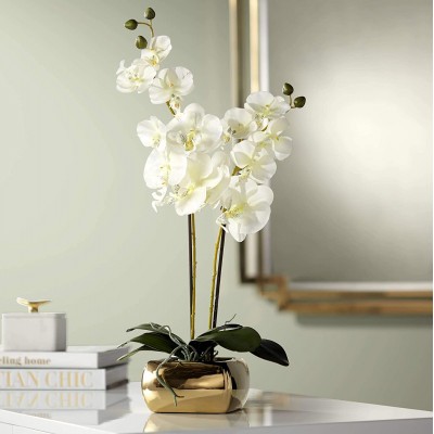 Dahlia Studios Potted Silk Faux Artificial Flowers Realistic White Phalaenopsis Orchid Greenery in Gold Ceramic Pot for Home Decoration Living Room Office Bedroom Bathroom Kitchen 22" High