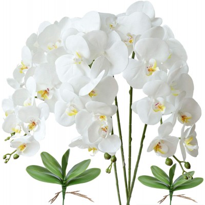 FagusHome 32" Artificial Phalaenopsis Flowers 4 Pcs with 2 Bundles Leaves Artificial Orchid Flowers Stem Plants for Home Décor White