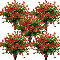 Grunyia 10 Bundles Artificial Fake Flowers Faux Outdoor Plastic Plants UV Resistant Shrubs Outside Indoor Decorations Red-Eucalyptus